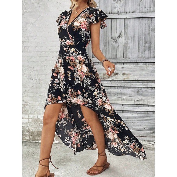 🌟 short sleeve high low Floral Print Ruffle Hem midi Dress - Picture 3 of 11